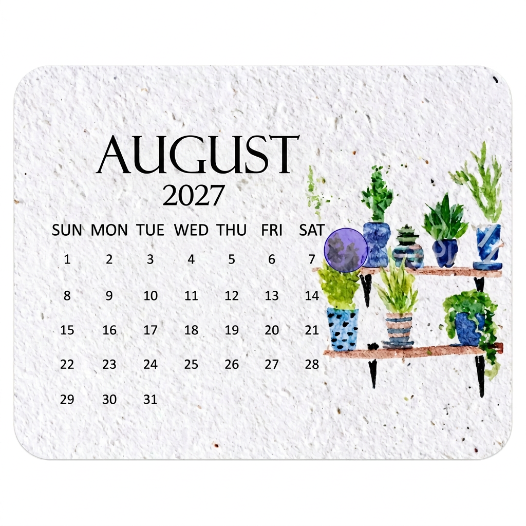 英語表記の2027年8月の植物柄カレンダー単品