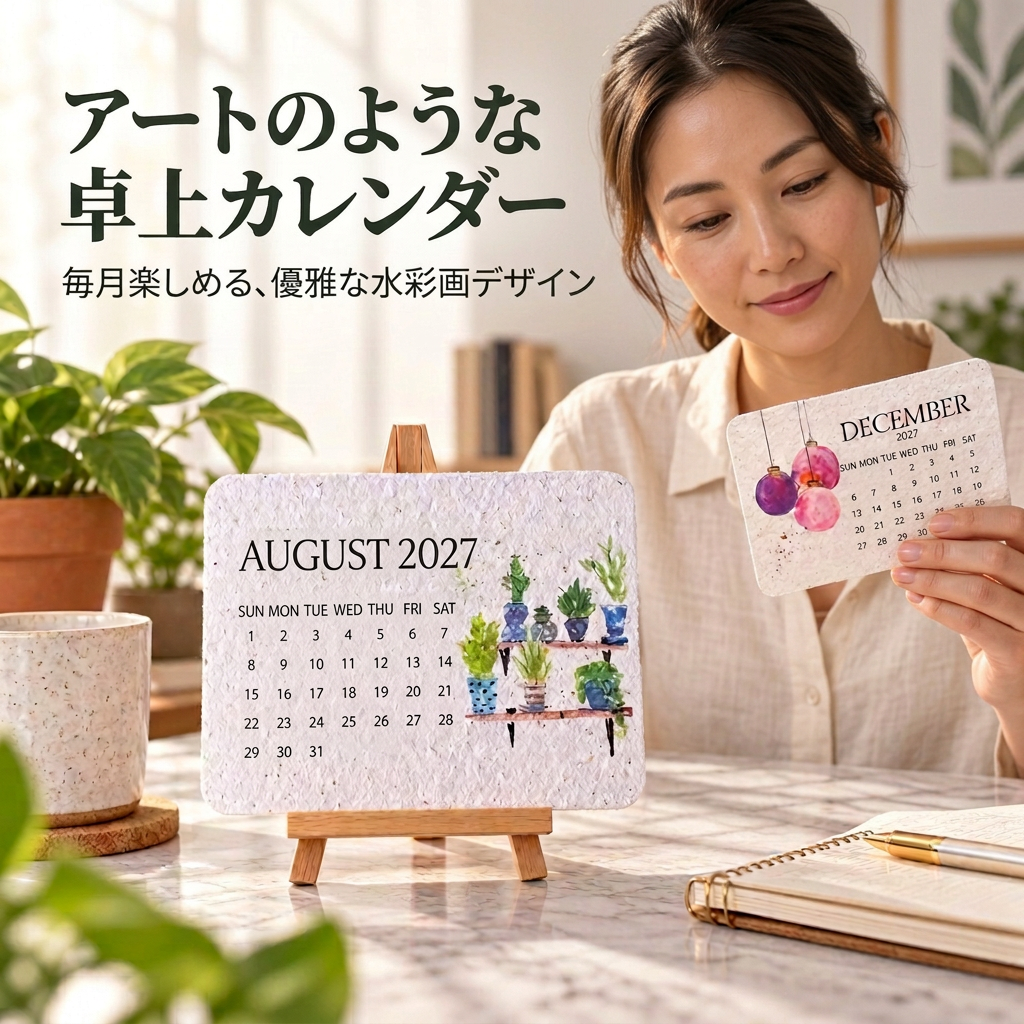 卓上カレンダーを楽しむ女性と日本語の紹介文
