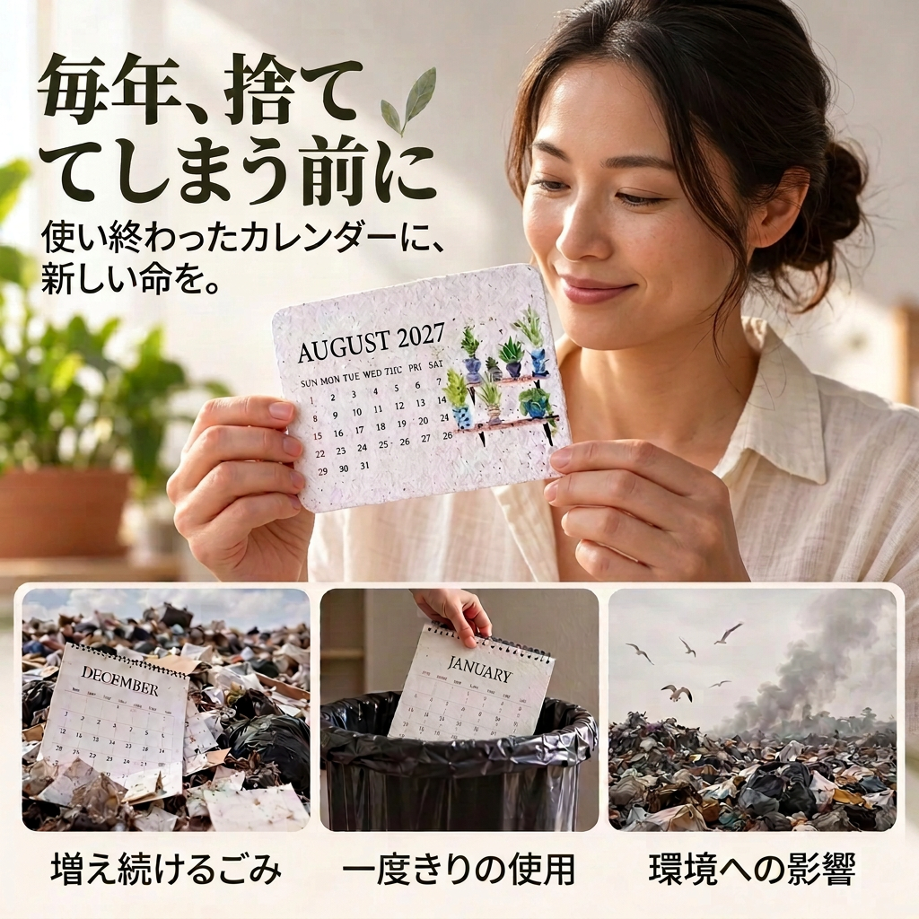 カレンダーを手にする女性と日本語の環境に関する説明
